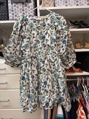 Girls' Floral Puff-Sleeve Dress in Cream and Blue